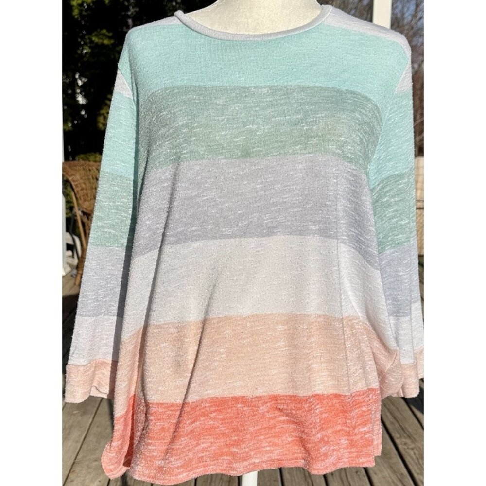 TRIBAL Knit Hatchi Top Women's XL Pastel 3/4 Sleeves Stripe Coastal Beachy Bold